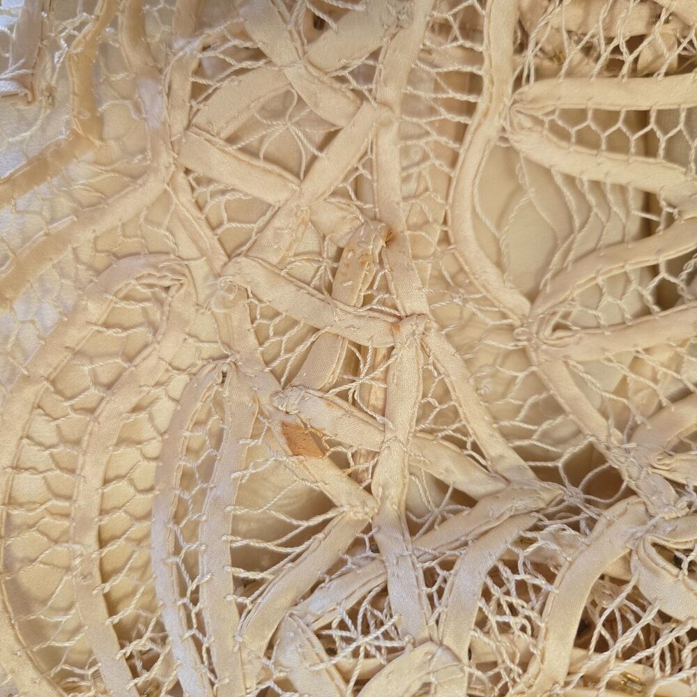 Vintage 80s Top Womens 2X Ivory 100% Silk Crochet Lace‎ Scallop Gold Beaded Glam - Picture 7 of 10
